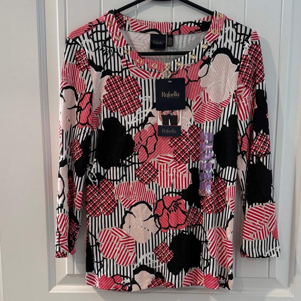 Rafaella Women's Long Sleeve Floral Top - Pink, Black, and White